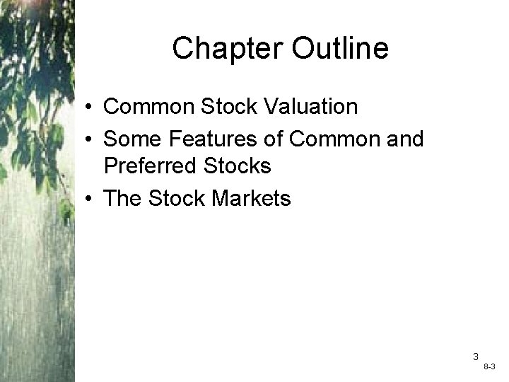 Chapter Outline • Common Stock Valuation • Some Features of Common and Preferred Stocks