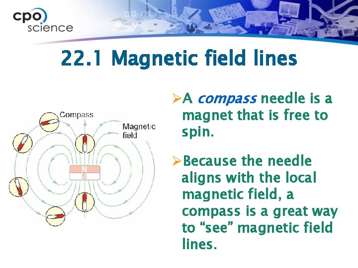 22. 1 Magnetic field lines ØA compass needle is a magnet that is free