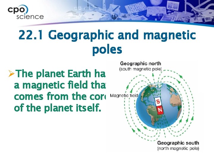 22. 1 Geographic and magnetic poles ØThe planet Earth has a magnetic field that