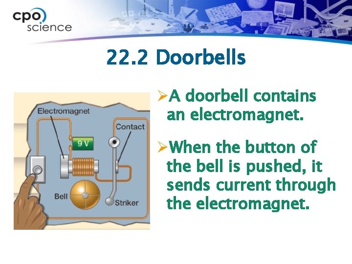 22. 2 Doorbells ØA doorbell contains an electromagnet. ØWhen the button of the bell