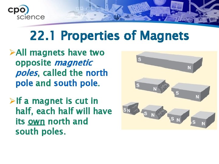 22. 1 Properties of Magnets ØAll magnets have two opposite magnetic poles, called the