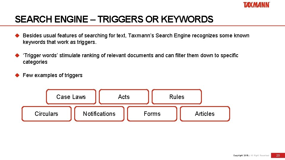SEARCH ENGINE – TRIGGERS OR KEYWORDS Besides usual features of searching for text, Taxmann’s