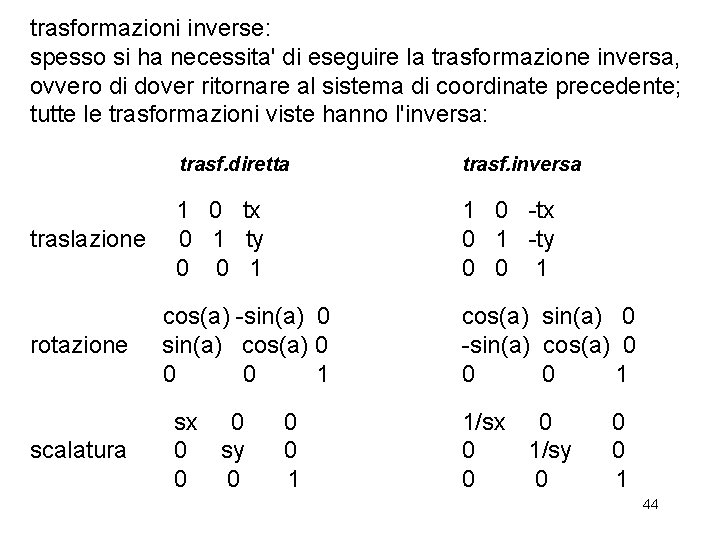 trasformazioni inverse: spesso si ha necessita' di eseguire la trasformazione inversa, ovvero di dover