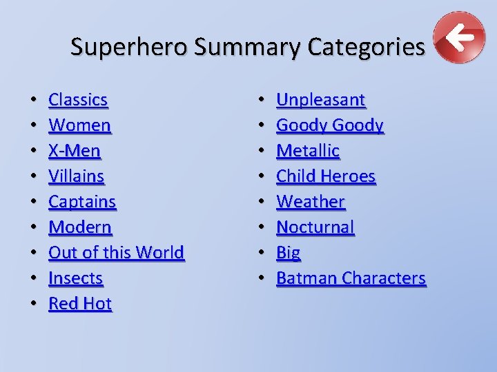 Superhero Summary Categories • • • Classics Women X-Men Villains Captains Modern Out of