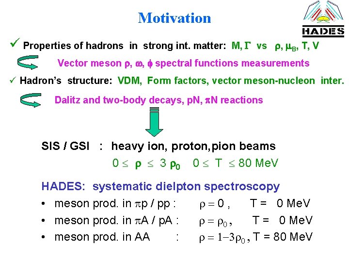 Motivation ü Properties of hadrons in strong int. matter: M, G vs , B,