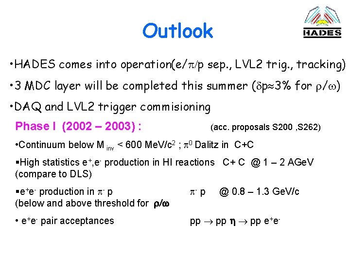 Outlook • HADES comes into operation(e/ /p sep. , LVL 2 trig. , tracking)