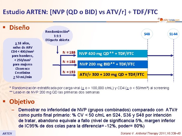 Estudio ARTEN: [NVP (QD o BID) vs ATV/r] + TDF/FTC § Diseño > 18