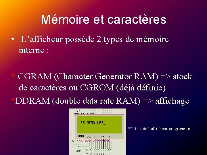 Mémoire et caractères • L’afficheur possède 2 types de mémoire interne : * CGRAM