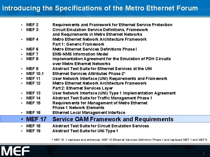 Introducing the Specifications of the Metro Ethernet Forum • MEF 2 • MEF 3