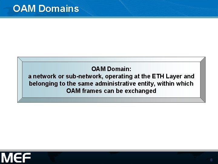 OAM Domains OAM Domain: a network or sub-network, operating at the ETH Layer and