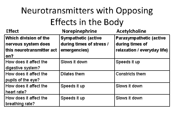 Neurotransmitters with Opposing Effects in the Body Effect Norepinephrine Acetylcholine Which division of the
