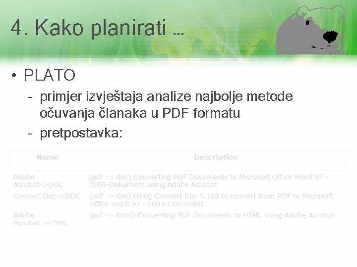 4. Kako planirati … • PLATO – primjer izvještaja analize najbolje metode očuvanja članaka