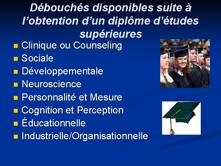 Débouchés disponibles suite à l’obtention d’un diplôme d’études supérieures Clinique ou Counseling n Sociale