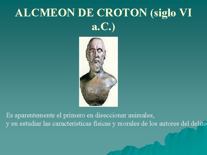 ALCMEON DE CROTON (siglo VI a. C. ) Es aparentemente el primero en diseccionar