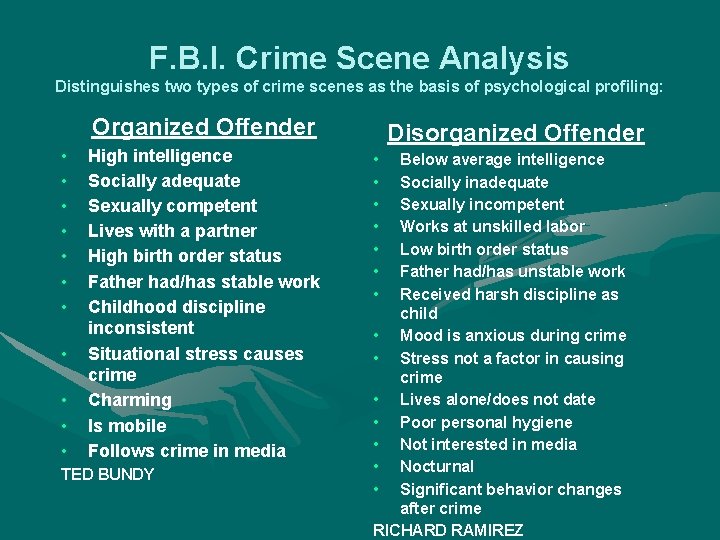 F. B. I. Crime Scene Analysis Distinguishes two types of crime scenes as the
