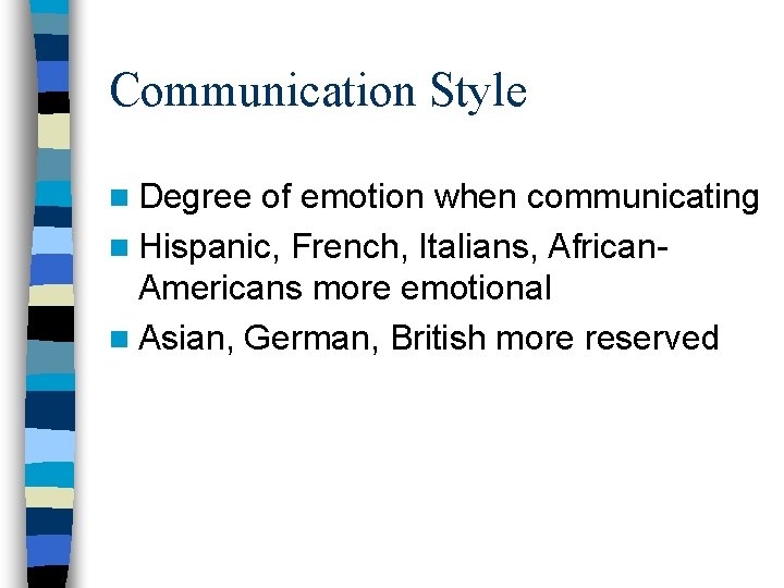 Communication Style n Degree of emotion when communicating n Hispanic, French, Italians, African. Americans Communication Style n Degree of emotion when communicating n Hispanic, French, Italians, African. Americans