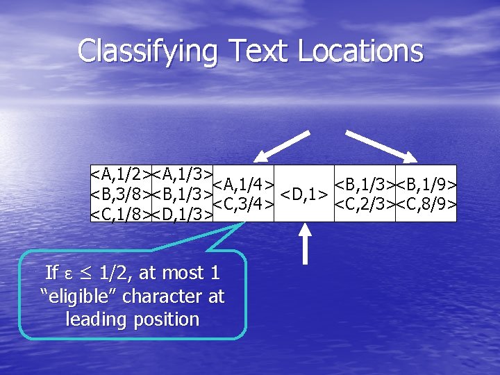 Classifying Text Locations <A, 1/2><A, 1/3> <A, 1/4> <B, 1/3><B, 1/9> <B, 3/8><B, 1/3>