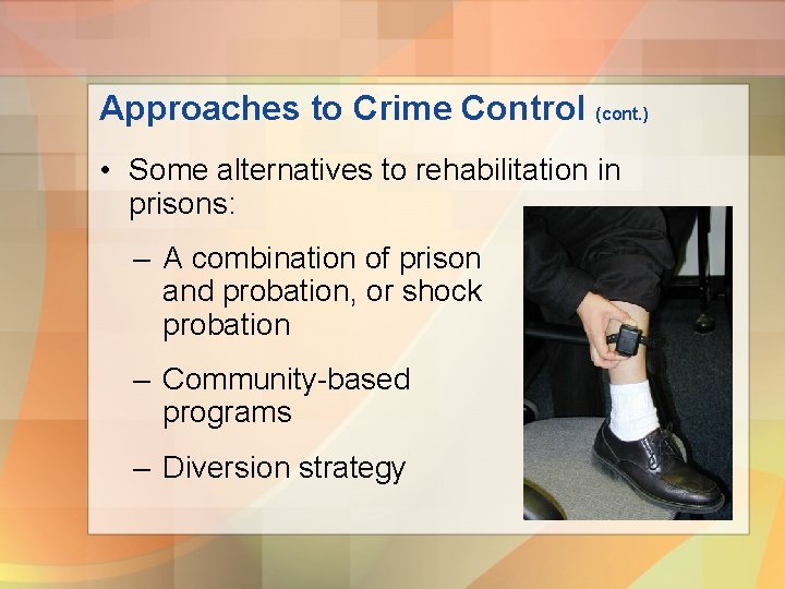 Approaches to Crime Control (cont. ) • Some alternatives to rehabilitation in prisons: –