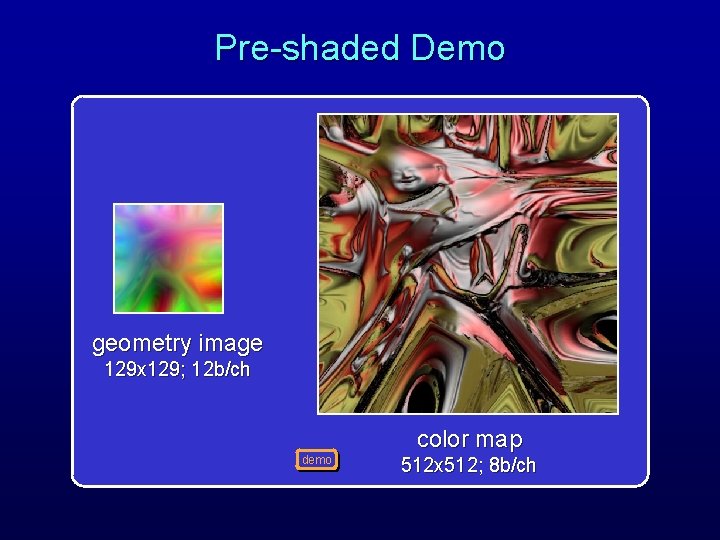 Pre-shaded Demo geometry image 129 x 129; 12 b/ch demo color map 512 x