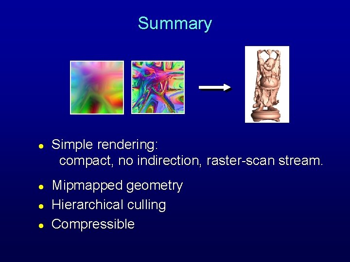 Summary l l Simple rendering: compact, no indirection, raster-scan stream. Mipmapped geometry Hierarchical culling