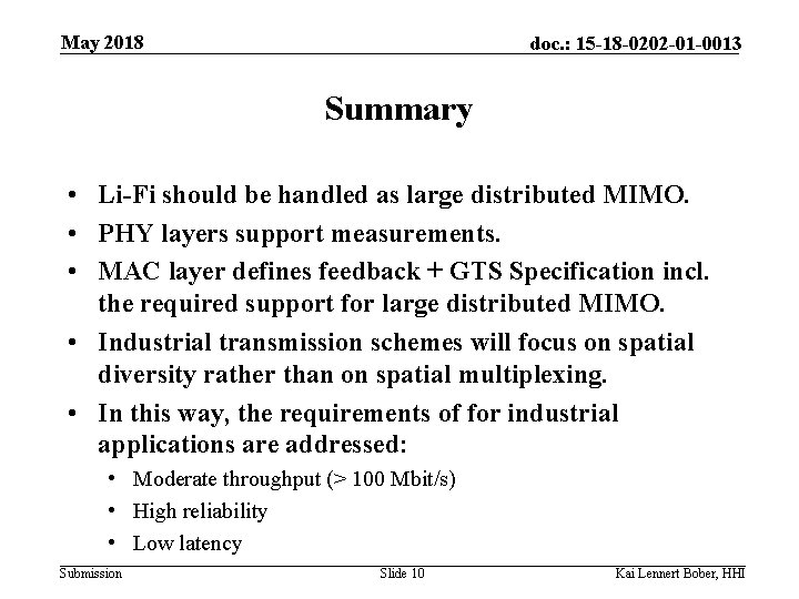 May 2018 doc. : 15 -18 -0202 -01 -0013 Summary • Li-Fi should be