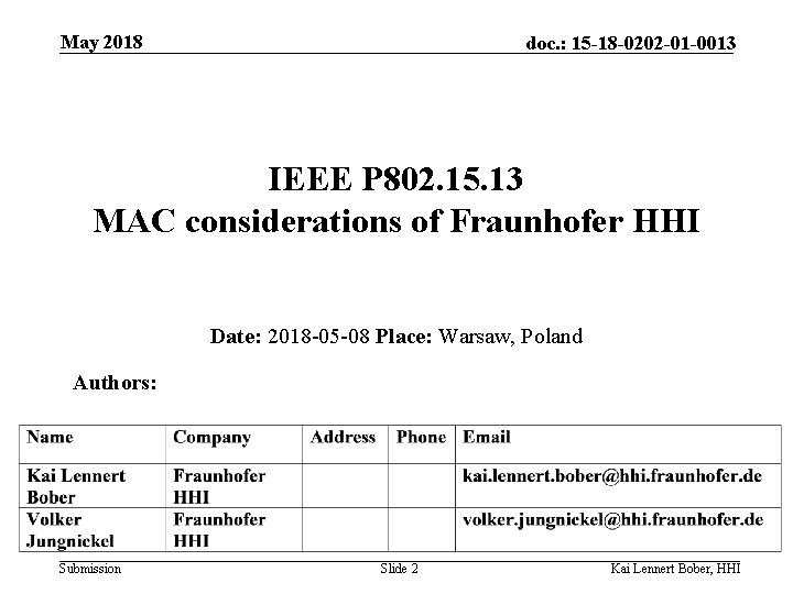 May 2018 doc. : 15 -18 -0202 -01 -0013 IEEE P 802. 15. 13