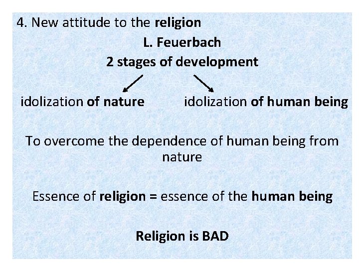 4. New attitude to the religion L. Feuerbach 2 stages of development idolization of