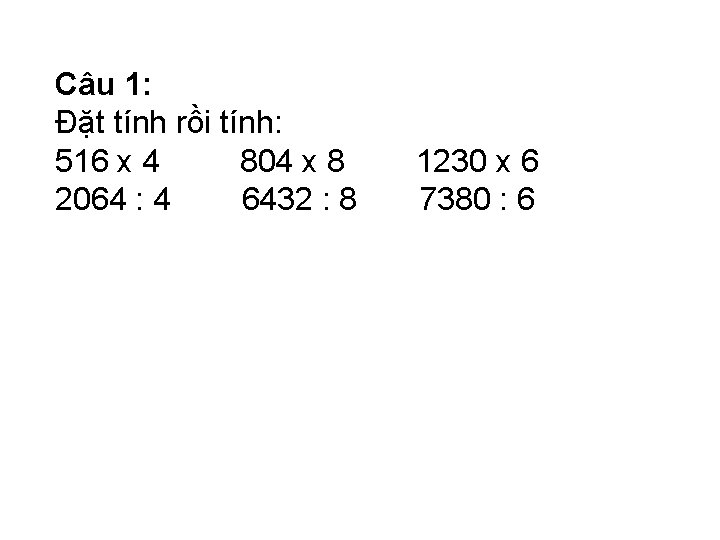 Câu 1: Đặt tính rồi tính: 516 x 4 804 x 8 2064 :