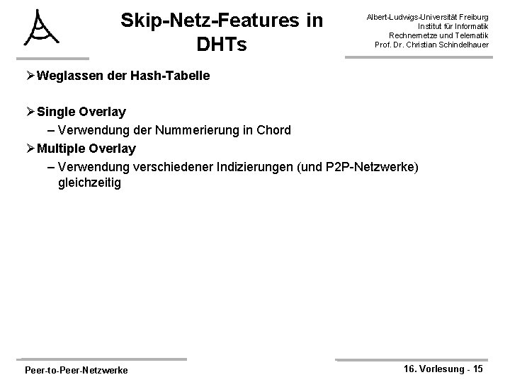Skip-Netz-Features in DHTs Albert-Ludwigs-Universität Freiburg Institut für Informatik Rechnernetze und Telematik Prof. Dr. Christian