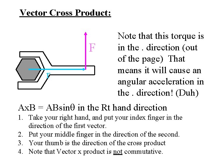 Vector Cross Product: F r Note that this torque is in the. direction (out
