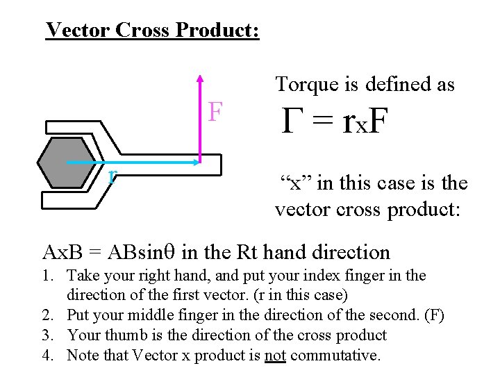Vector Cross Product: Torque is defined as F r = rx. F “x” in