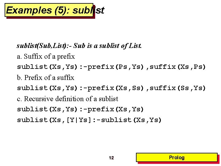 Examples (5): sublist(Sub, List): - Sub is a sublist of List. a. Suffix of