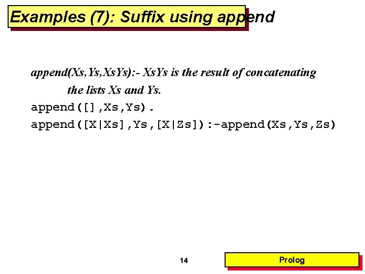 Examples (7): Suffix using append(Xs, Ys, Xs. Ys): - Xs. Ys is the result