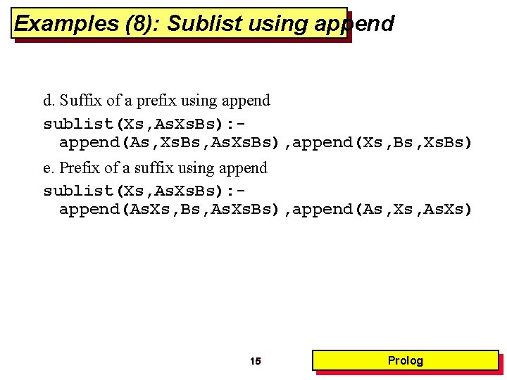 Examples (8): Sublist using append d. Suffix of a prefix using append sublist(Xs, As.