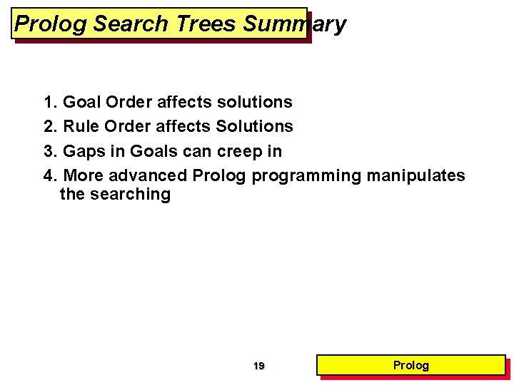 Prolog Search Trees Summary 1. Goal Order affects solutions 2. Rule Order affects Solutions