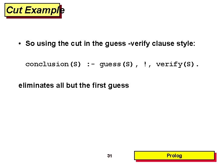 Cut Example • So using the cut in the guess -verify clause style: conclusion(S)