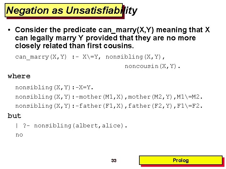 Negation as Unsatisfiability • Consider the predicate can_marry(X, Y) meaning that X can legally