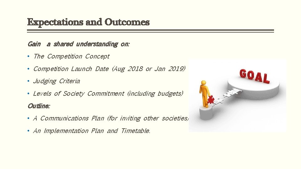 Expectations and Outcomes Gain a shared understanding on: • The Competition Concept • Competition