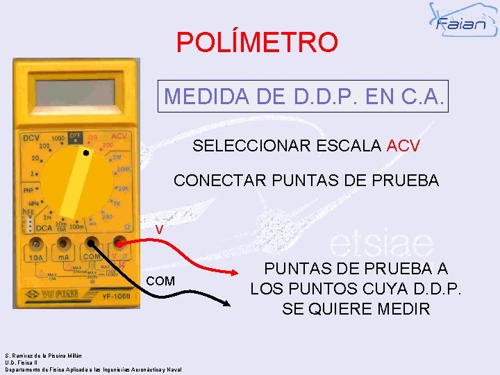 POLÍMETRO MEDIDA DE D. D. P. EN C. A. SELECCIONAR ESCALA ACV CONECTAR PUNTAS