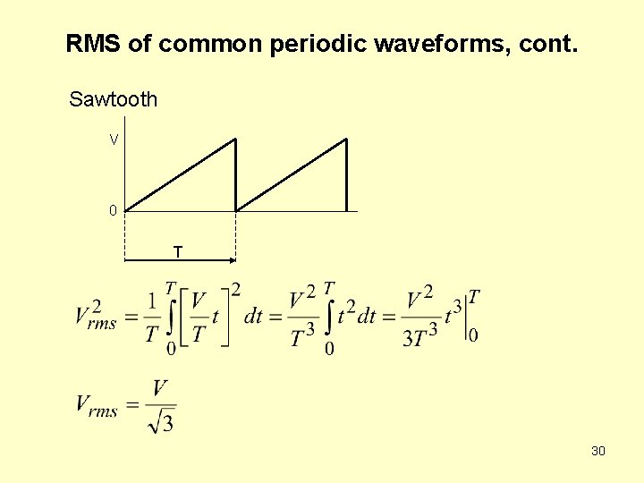 RMS of common periodic waveforms, cont. Sawtooth V 0 T 30 