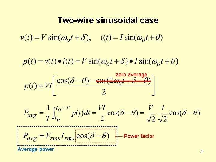 Two-wire sinusoidal case zero average Power factor Average power 4 