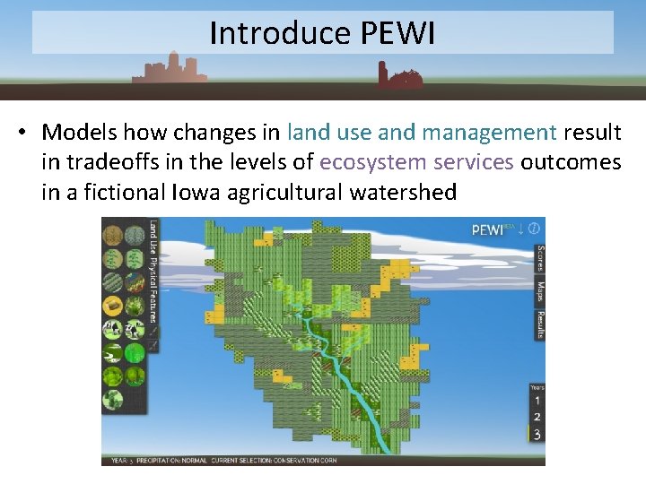 Introduce PEWI • Models how changes in land use and management result in tradeoffs