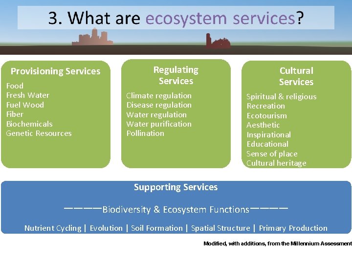 Provisioning Services Food Fresh Water Fuel Wood Fiber Biochemicals Genetic Resources Regulating Services Cultural