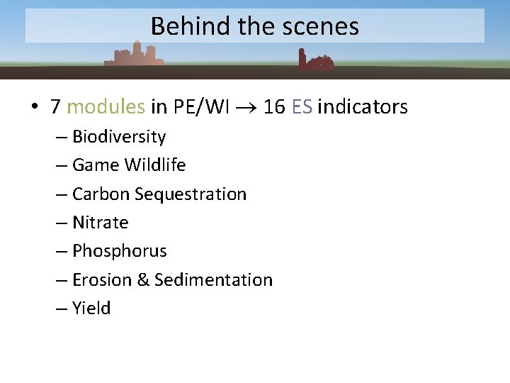 Behind the scenes • 7 modules in PE/WI 16 ES indicators – Biodiversity –