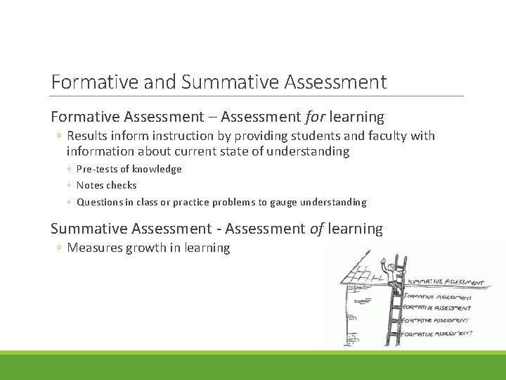Formative and Summative Assessment Formative Assessment – Assessment for learning ◦ Results inform instruction