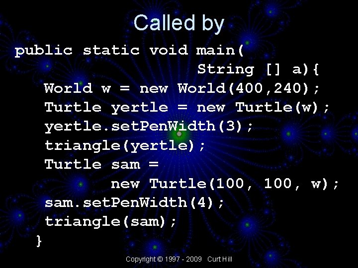 Called by public static void main( String [] a){ World w = new World(400,