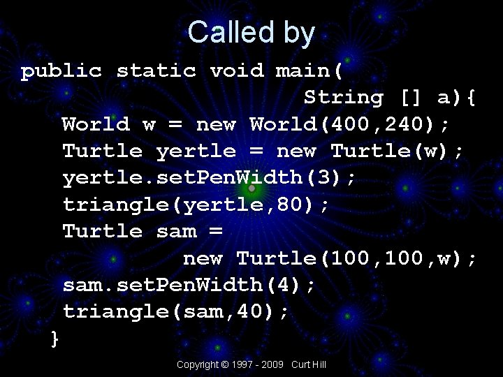 Called by public static void main( String [] a){ World w = new World(400,