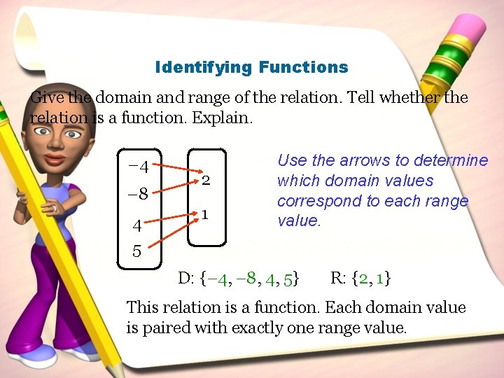 Identifying Functions Give the domain and range of the relation. Tell whether the relation