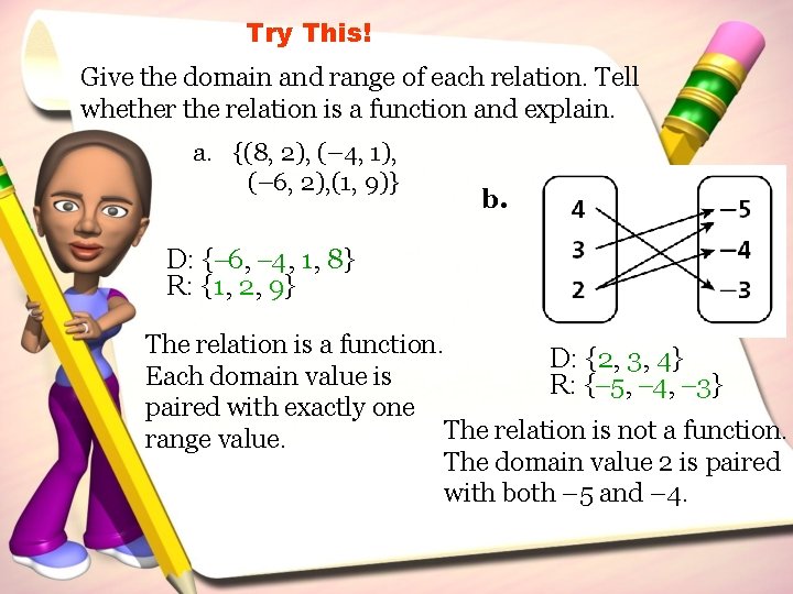 Try This! Give the domain and range of each relation. Tell whether the relation