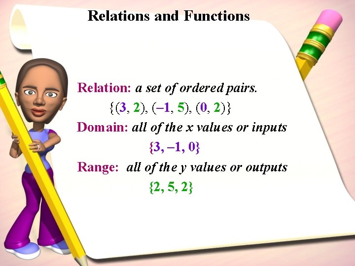 Relations and Functions Relation: a set of ordered pairs. {(3, 2), (– 1, 5),